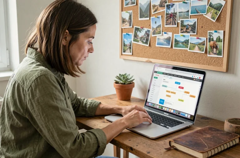 Femme consultant le plan du site d'un blog de voyage sur un ordinateur portable dans un bureau à domicile