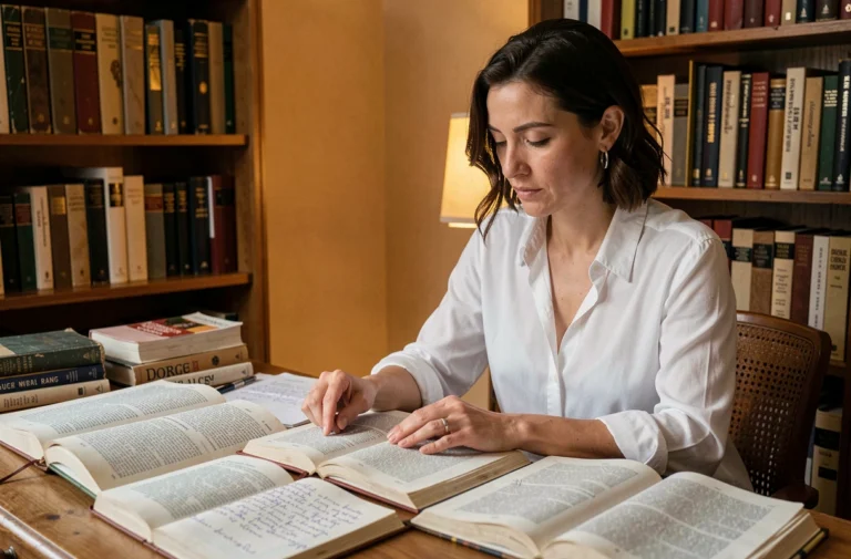 Femme consultant un dictionnaire français ouvert sur un bureau en bois entouré de livres et de notes manuscrites sur l'étymologie et les expressions idiomatiques