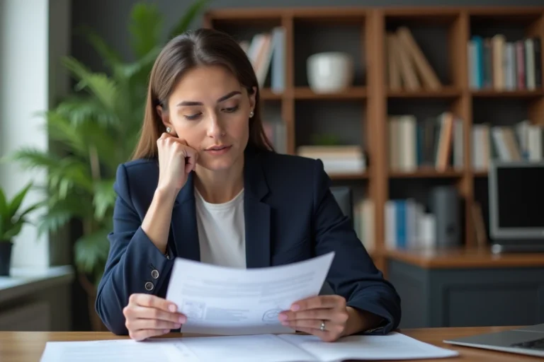 Femme entrepreneur analysant un plan de financement pour son projet professionnel à son bureau