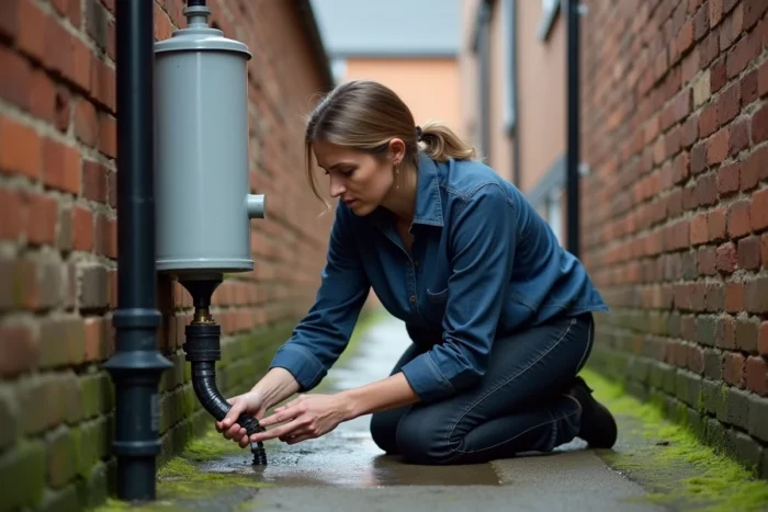 Femme inspectant la connexion d'une gouttière déconnectée d'un récupérateur d'eau vide en milieu urbain