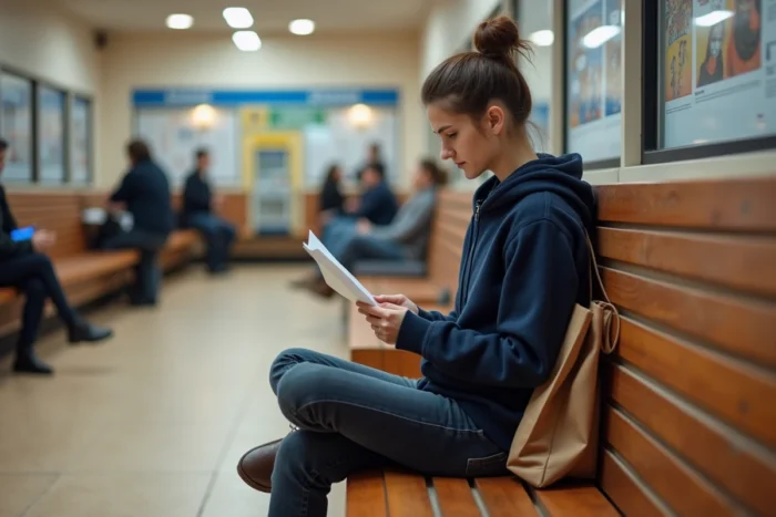 Femme lisant une lettre récupérée en poste restante dans le hall d'attente d'un bureau de poste