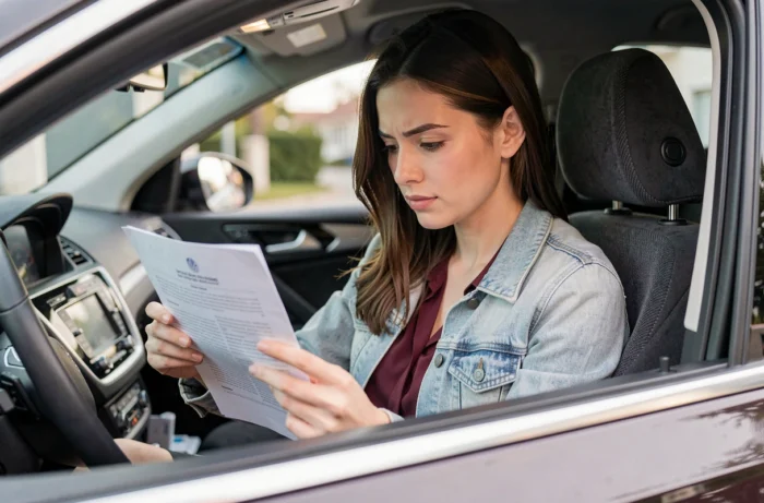 Femme lisant attentivement un document officiel de résultat de permis de conduire assise dans une voiture garée