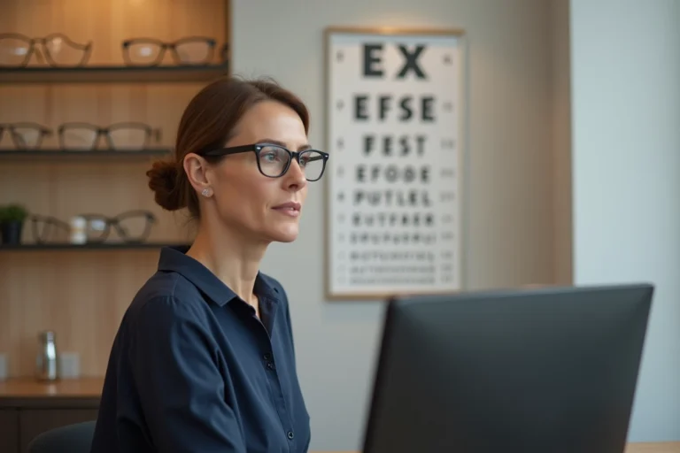 Femme portant des lunettes avec correction 0.75 lors d'un examen de vue chez l'opticien