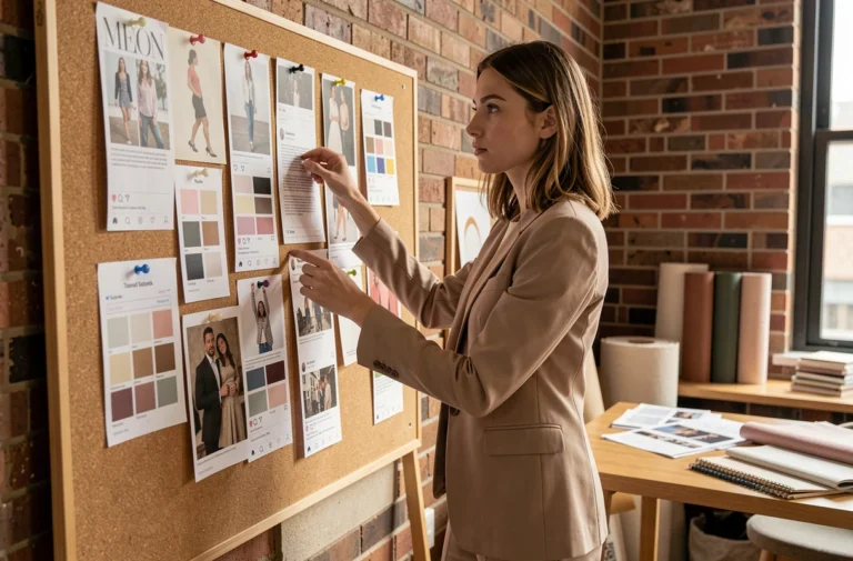 Jeune femme analysant un moodboard de tendances dans un studio créatif moderne