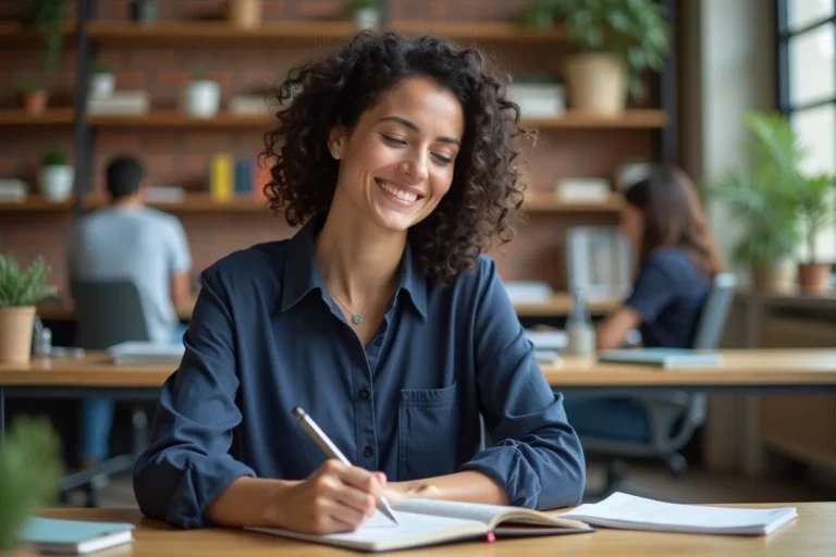Femme souriante prenant des notes dans un carnet dans un bureau moderne et chaleureux, illustrant le plaisir et le sens au travail