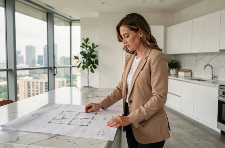 Femme consultant des plans immobiliers dans un appartement moderne avec vue sur la ville
