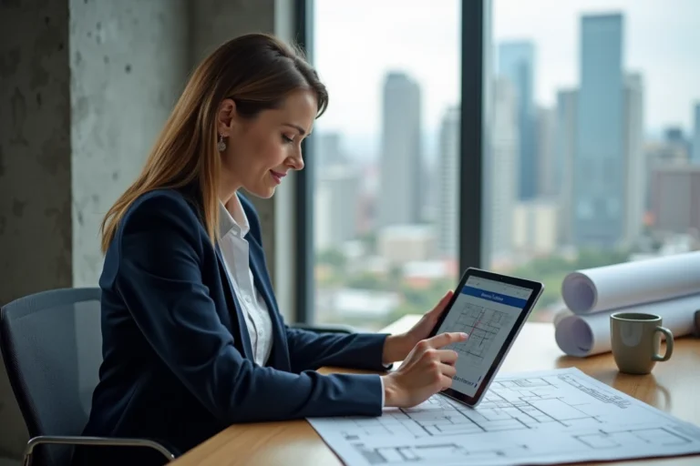Femme professionnelle consultant l'application Batiav sur une tablette avec des plans architecturaux dans un bureau moderne