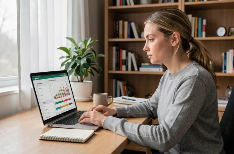 Femme analysant ses revenus publicitaires en ligne sur un ordinateur portable dans un bureau à domicile moderne