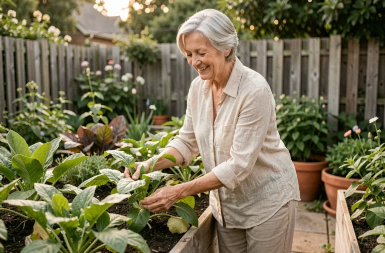 Femme senior épanouie jardinant dans son potager, activité retraite plein air