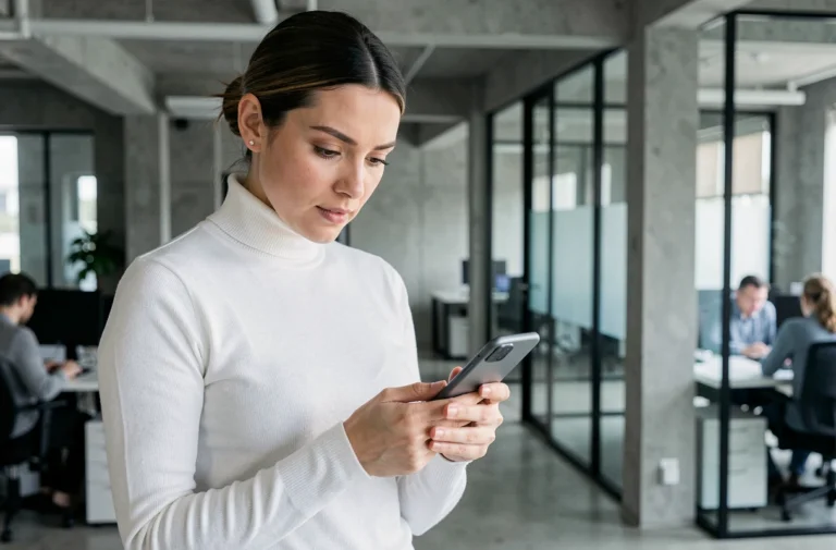 Femme professionnelle explorant un smartphone pliable dans un bureau tech moderne aux murs en béton