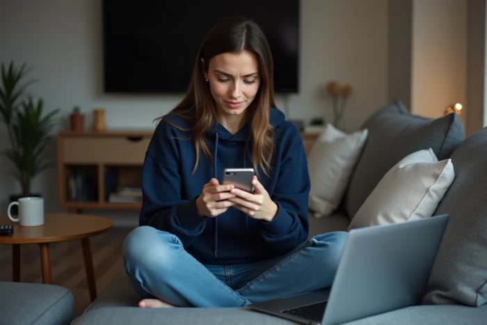 Femme consultant son smartphone pour trouver un site de streaming depuis son canapé