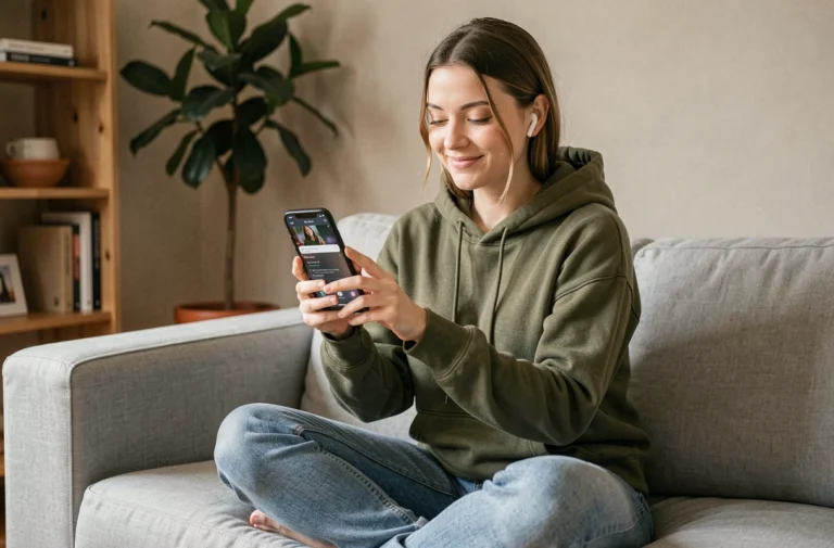 Jeune femme écoutant de la musique gratuitement sur Spotify via son smartphone dans un salon cosy