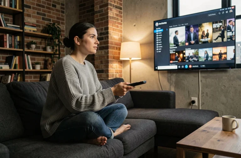 Femme regardant une plateforme de streaming sur grand écran dans un appartement moderne et cosy