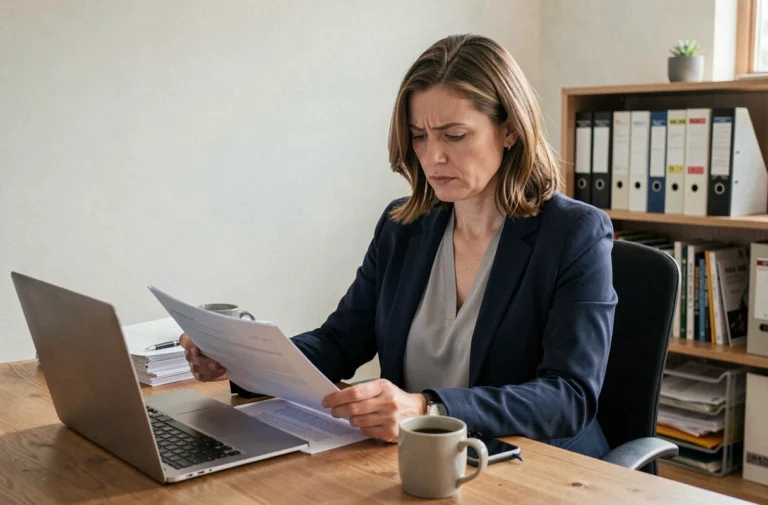 Femme en télétravail consultant des documents administratifs liés à la reprise d'activité et au cumul emploi-chômage