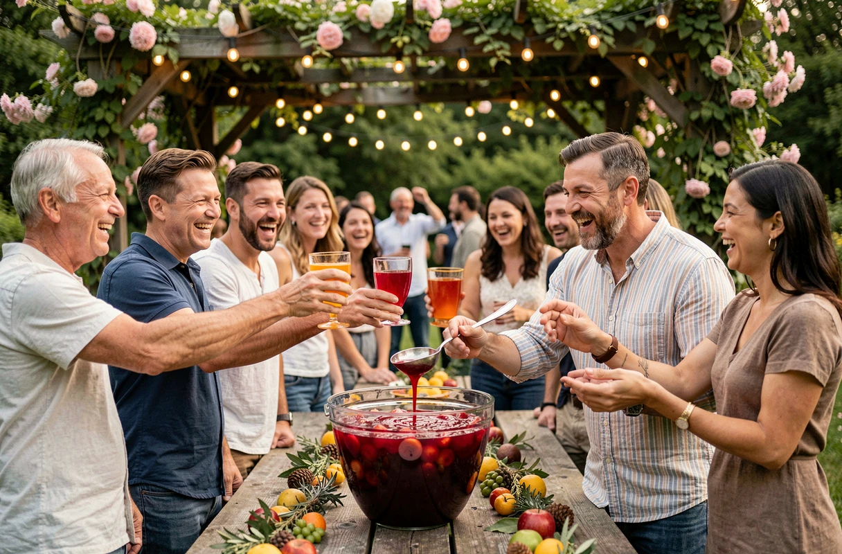 Grand groupe festif en extérieur partageant la boisson Jacqueline servie dans un bol de 5 litres lors d'une fête de jardin