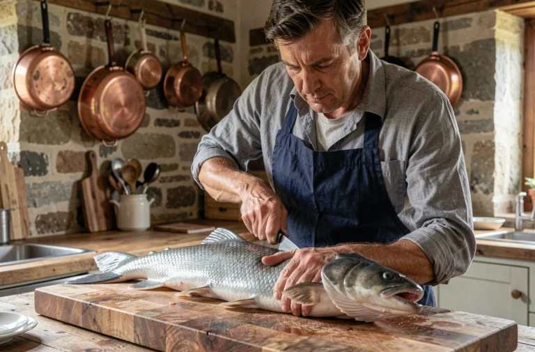 Chef amateur filetant un silure frais sur un billot en bois dans une cuisine rustique