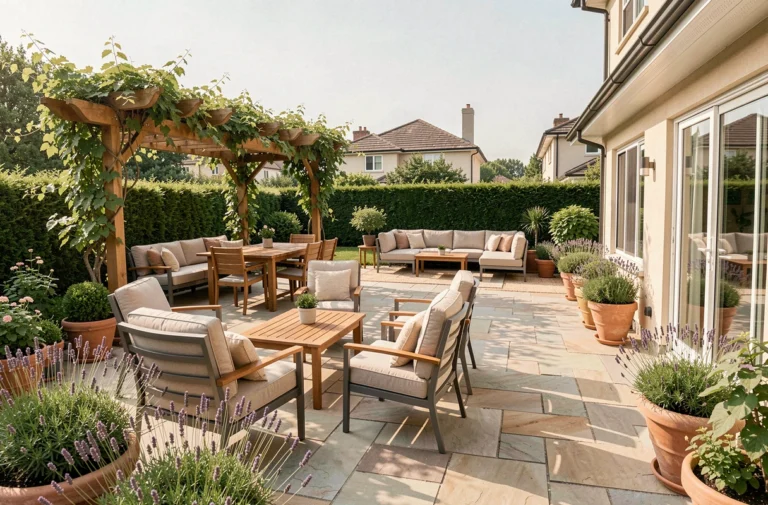 Grande terrasse aménagée avec plusieurs ensembles de salon de jardin Brico Dépôt, plantes vertes et pergola en bois
