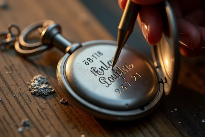 Artisan gravant un message personnalisé sur une montre de poche en argent avec les initiales et la date de mariage du couple