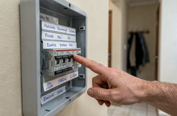 Gros plan détaillé d'une boîte à fusibles résidentielle ouverte avec étiquettes de circuits dans un couloir