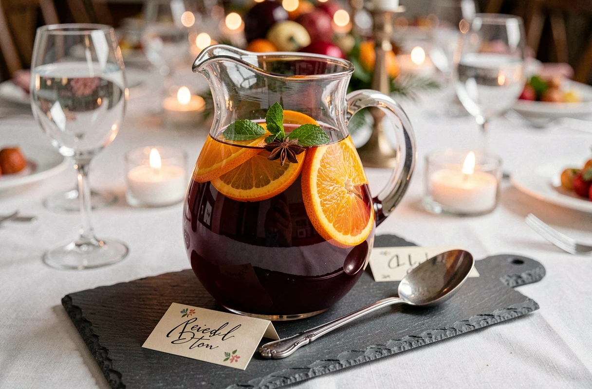 Gros plan d'un pichet en verre de 5 litres rempli de punch Jacqueline garni de tranches d'orange et de menthe fraîche sur un plateau en ardoise
