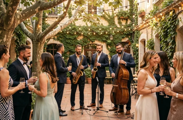 Quartet de jazz en live lors d'un cocktail de mariage en plein air dans une cour intérieure lyonnaise