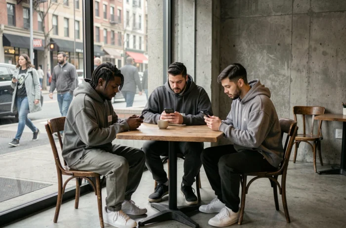 Groupe de personnes absorbées par leur téléphone dans un café urbain, illustration de la fascination pour les tendances numériques