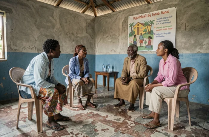 Groupe de soutien psychologique communautaire réunissant des adultes malgaches dans une salle associative à Madagascar