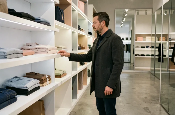 Homme explorant les tendances mode dans un concept store minimaliste contemporain