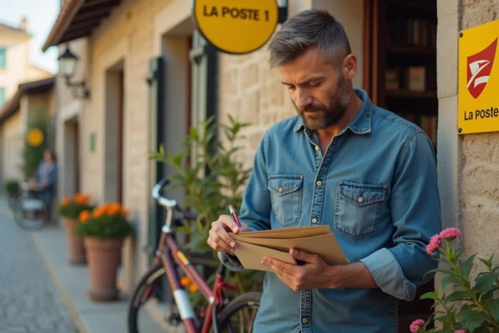 Homme sans adresse fixe triant ses lettres récupérées en poste restante devant un bureau de poste rural français