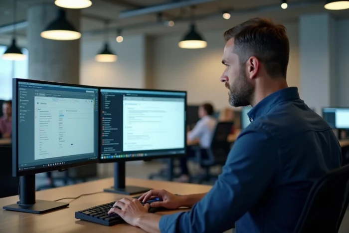 Homme résolvant un bug persistant sur le webmail IONOS dans un bureau en open space