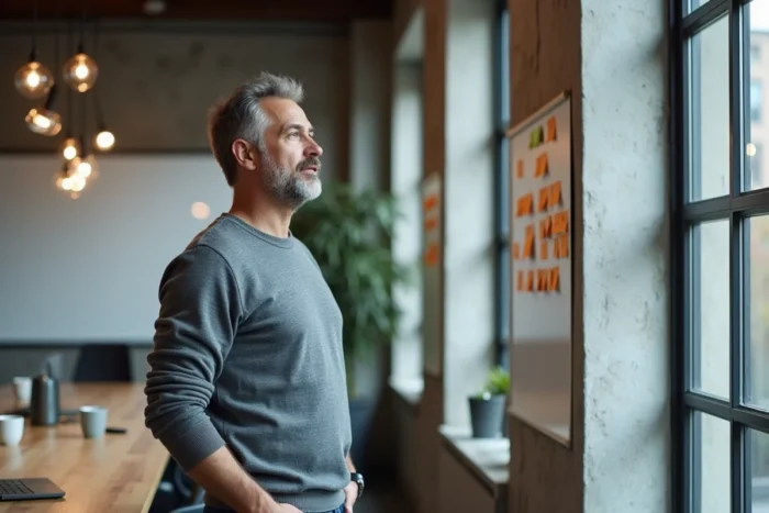 Homme concentré devant un tableau de notes dans un espace de coworking, symbolisant la recherche de sens et d'engagement professionnel