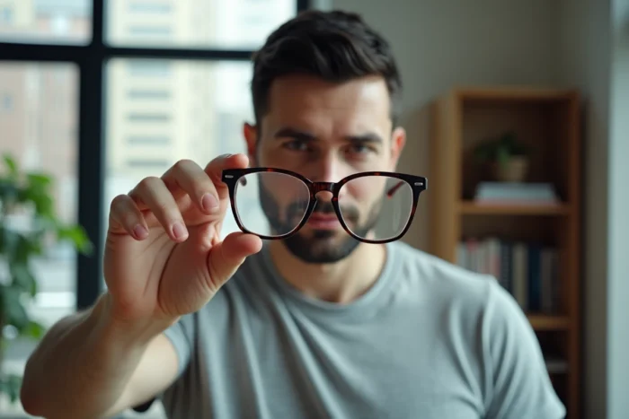 Homme inspectant ses lunettes à correction légère 0.75 dans un appartement moderne