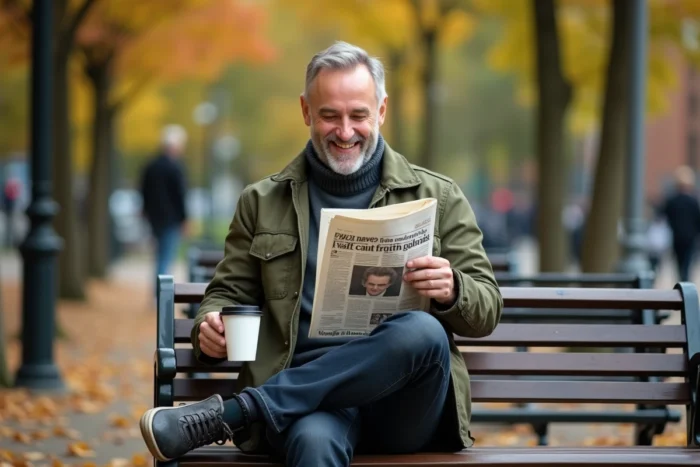 Homme souriant lisant une actualité insolite dans un journal sur un banc de parc en automne