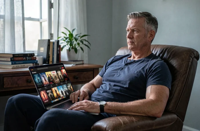 Homme utilisant un laptop pour naviguer sur une plateforme de streaming de films et séries