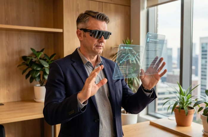 Homme en blazer marine utilisant des lunettes de réalité augmentée dans un espace de coworking lumineux