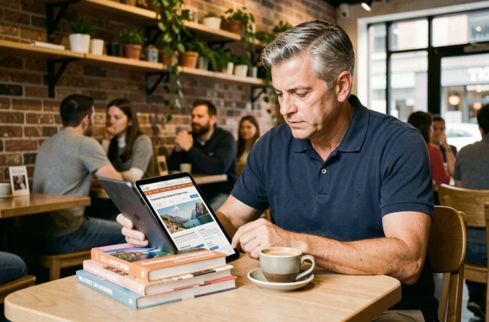 Homme parcourant le plan d'un site de blog voyage sur une tablette dans un café urbain