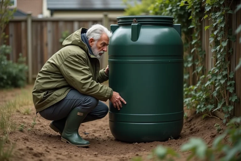 Homme inspectant un récupérateur d'eau de pluie vide dans un jardin aux sols secs