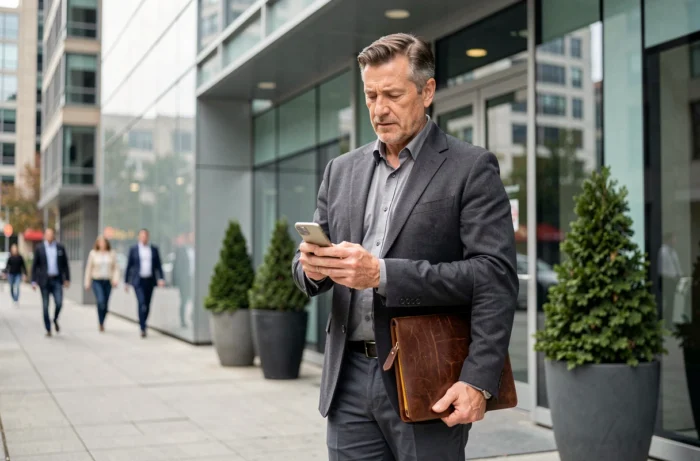 Homme en costume décontracté devant un immeuble de bureaux symbolisant la reprise d'activité professionnelle tout en percevant des allocations chômage