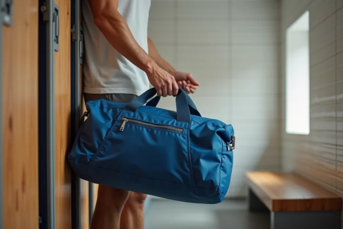 Homme rangeant un sac de sport Basic Fit dans un casier de vestiaire de salle de sport