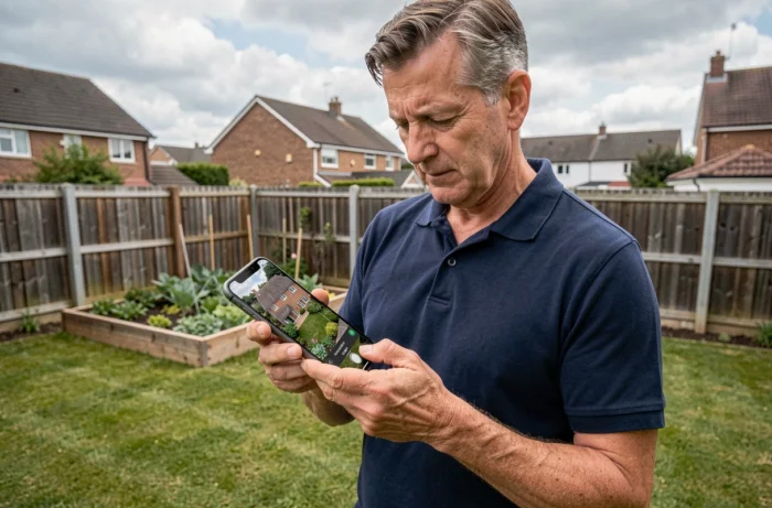 Homme utilisant une application satellite sur smartphone pour visualiser sa maison vue du ciel dans son jardin