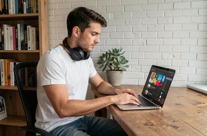 Homme utilisant Spotify gratuit sur ordinateur portable dans un bureau à domicile avec casque audio