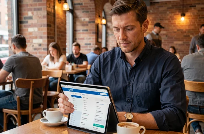 Homme consultant l'index d'un site web sur une tablette dans un café urbain