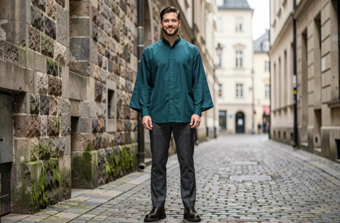 Homme portant une tenue avant-gardiste et tendance dans une ruelle urbaine, mode boutique Hermaphrodite