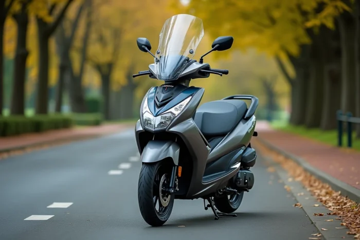 Honda Forza 350 garé sur une route suburbaine bordée d'un parc verdoyant