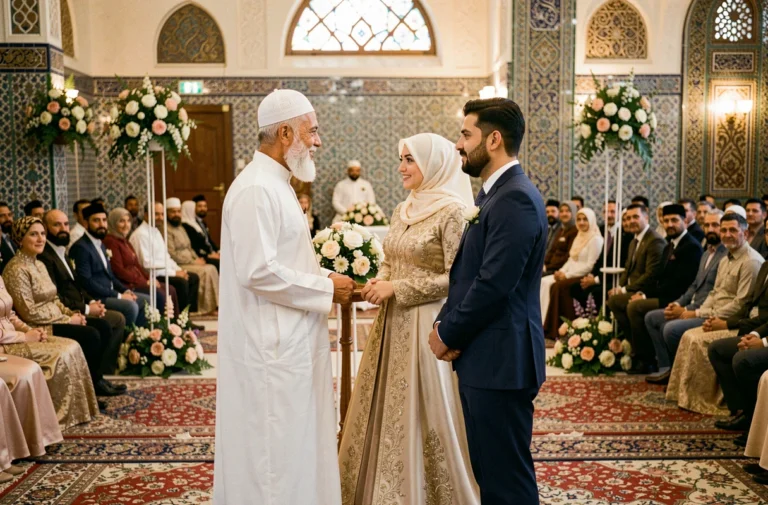 Imam officiant une cérémonie de mariage musulman dans une mosquée décorée, avec les mariés en tenue traditionnelle