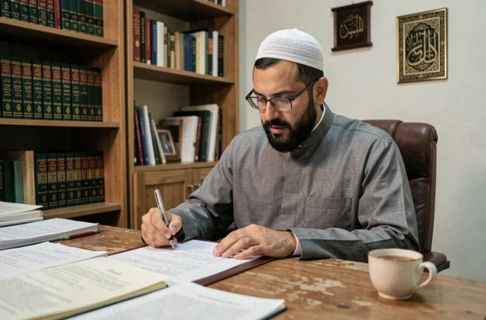 Imam consultant un contrat de mariage islamique à son bureau, entouré de livres religieux