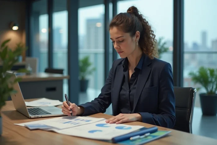 Une femme professionnelle innovatrice travaille sur des prototypes et des données dans un espace de coworking moderne, symbolisant le passage de l'idée à l'innovation concrète.