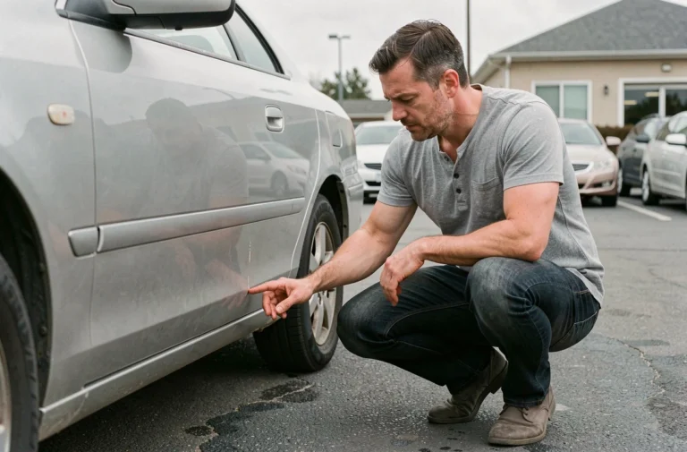 Homme inspectant la carrosserie d'une voiture d'occasion dans un parking de concession avant un achat