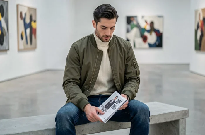 Homme tendance en veste bomber olive assis dans une galerie d'art moderne, style mode masculine contemporaine