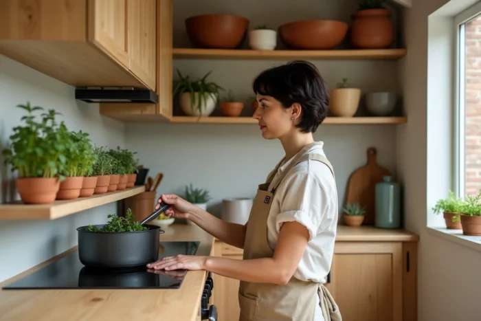 Femme aménageant des herbes aromatiques dans la cuisine compacte et bien organisée d'une petite maison